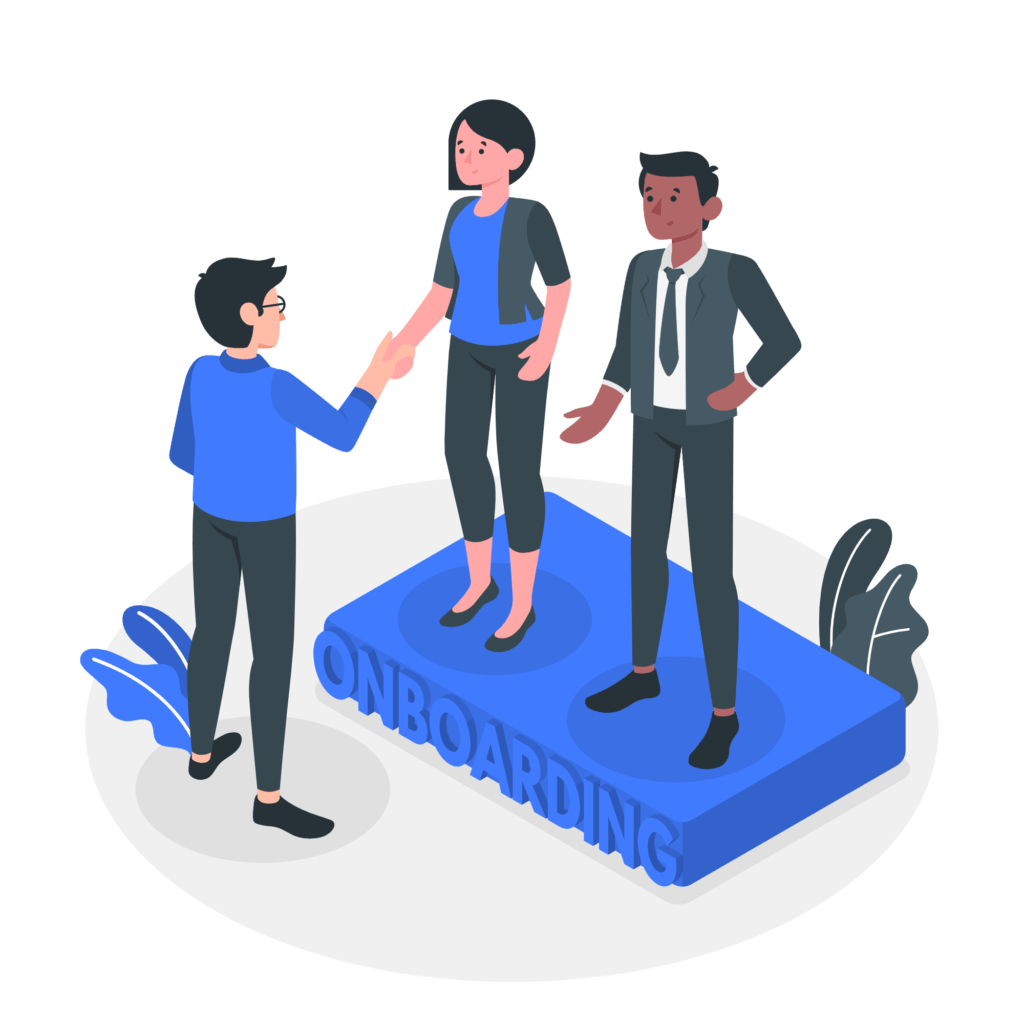 SpineLegal Software onboarding process illustration with people shaking hands on a platform.