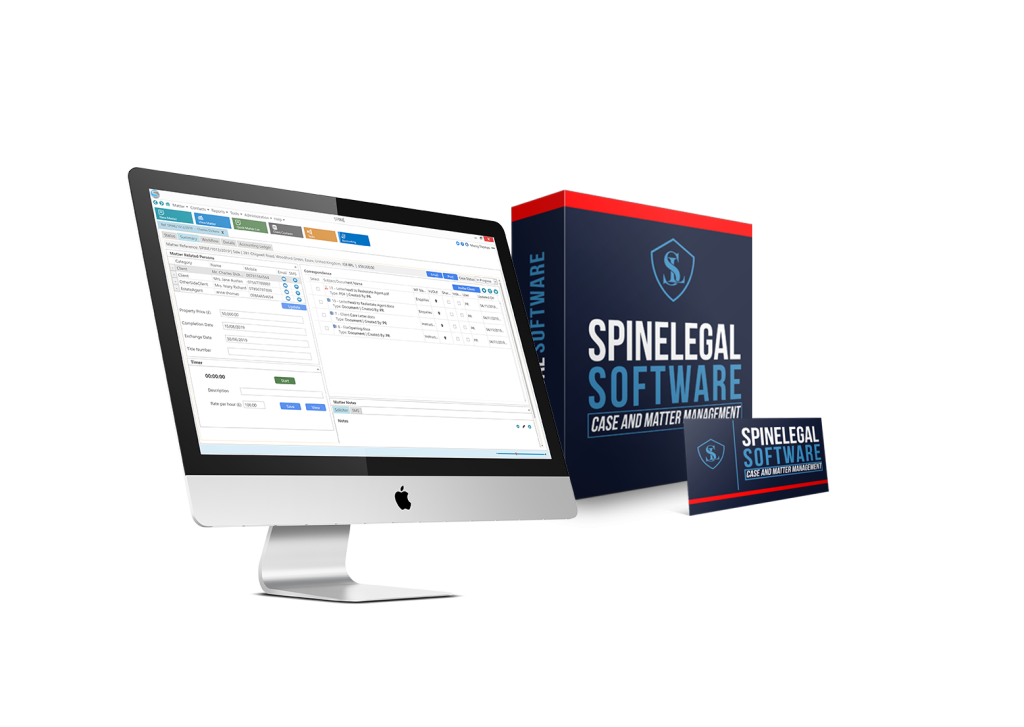 SpineLegal Software on monitor and packaging. Streamline legal case and matter management efficiently.
