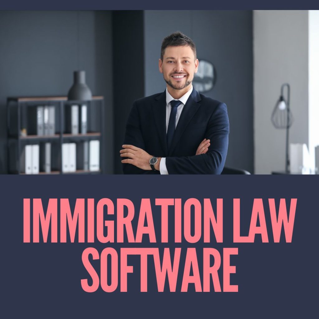 Professional showcasing SpineLegal's immigration law software in modern office setting.