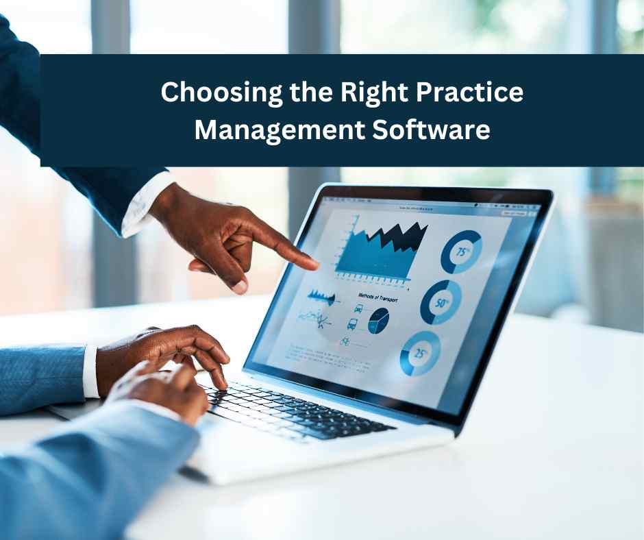 Two professionals reviewing analytics on a laptop screen, considering SpineLegal practice management software.