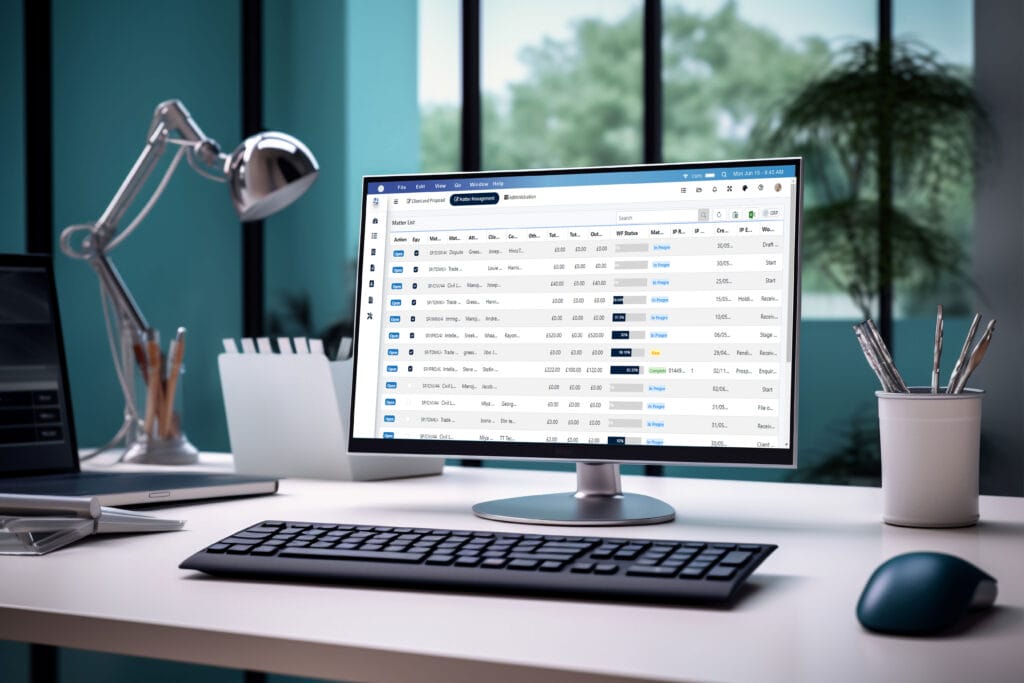 Modern workspace showcasing SpineLegal Software on a computer screen, highlighting legal task management features.