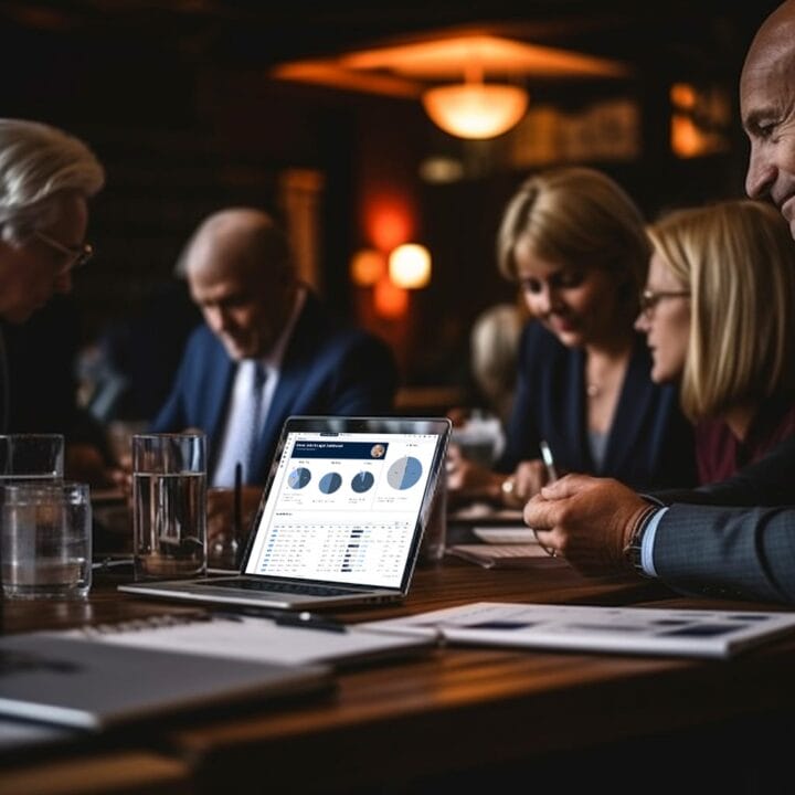 Business meeting using SpineLegal Software dashboard on laptop, showcasing analytics for legal practices.