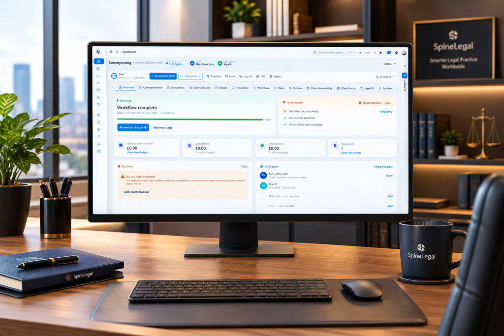 SpineLegal conveyancing matter showing the case tracker and task list