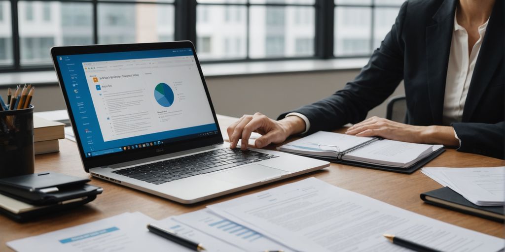 Business professional using SpineLegal software on a laptop for efficient legal management and document processing.