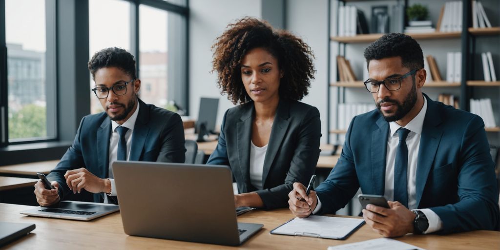 Legal team using SpineLegal Software for case management, enhancing collaboration and efficiency in a modern office setting.