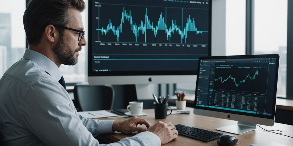 Man analyzing data on dual monitors using SpineLegal Software for efficient legal management.