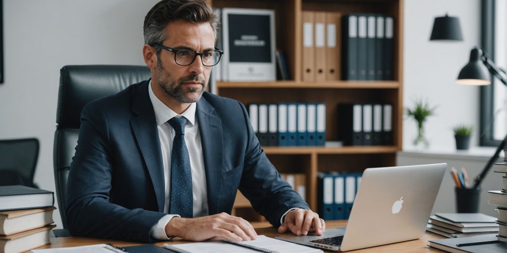 Lawyer efficiently using SpineLegal Software on laptop in a modern office, enhancing legal practice management.