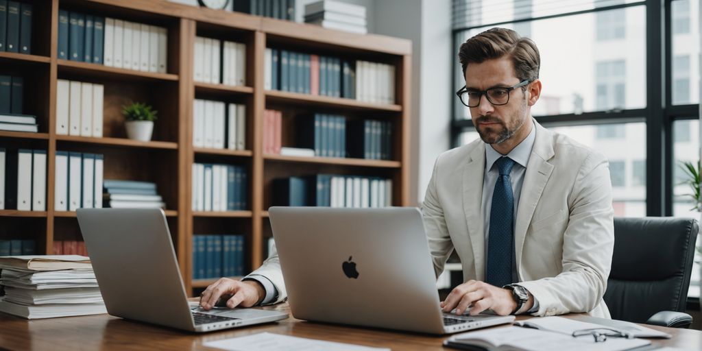 Legal professional using SpineLegal Software for efficient case management in modern office setting.