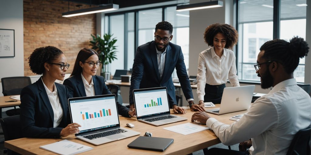 Team analyzes legal data with SpineLegal Software for optimized management and efficiency in modern office setting.