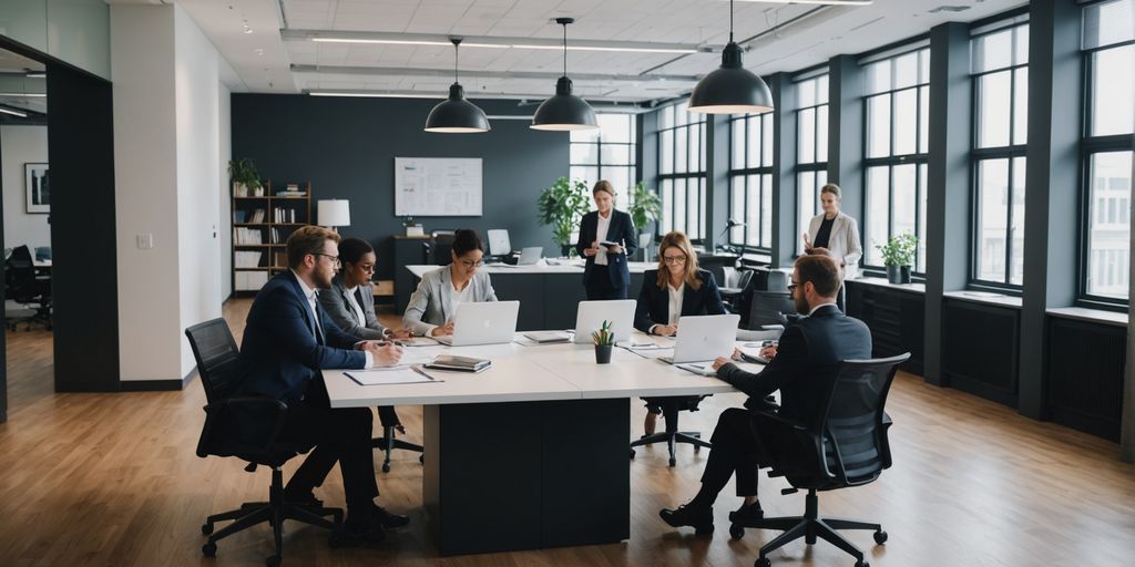 A team collaborates in a modern office using SpineLegal Software for efficient legal management.