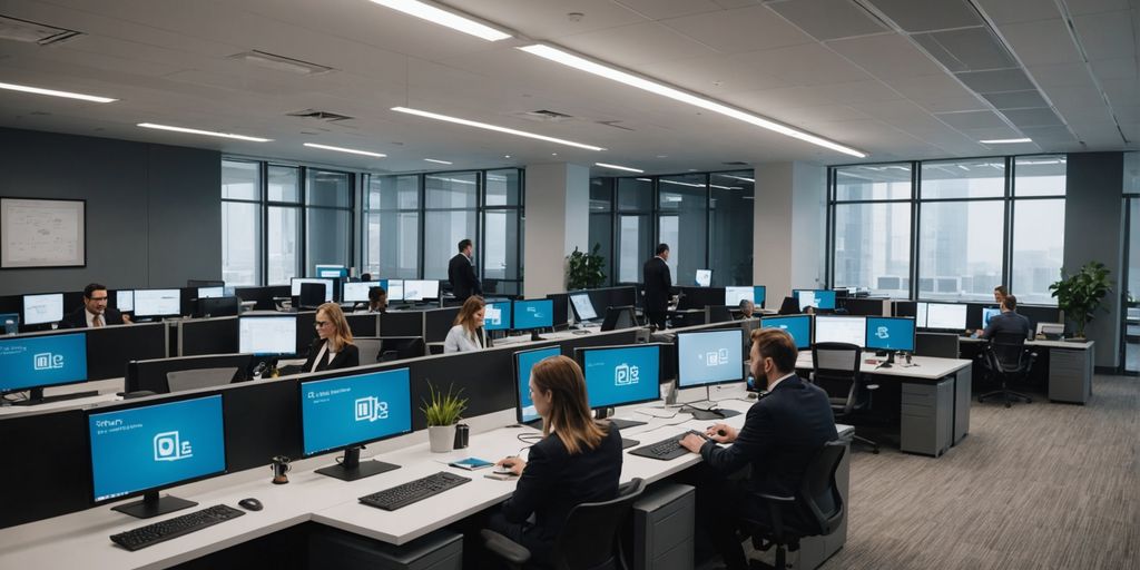 Office team using SpineLegal Software on monitors for efficient legal case management. Modern workspace with tech integration.