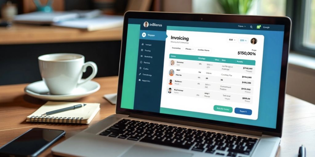 Invoicing feature on SpineLegal Software displayed on laptop in cozy office setting.