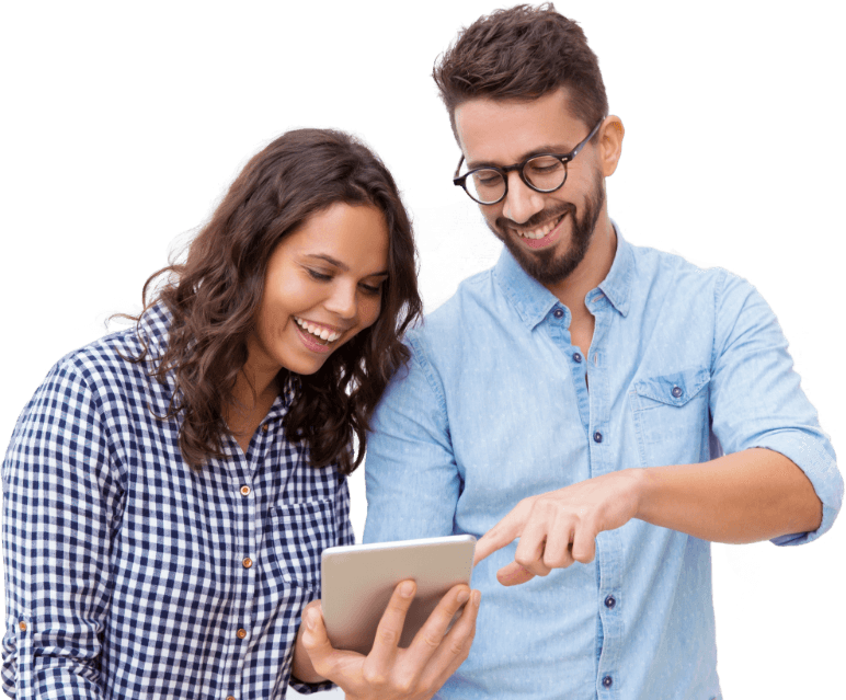 Two people happily using SpineLegal Software on a tablet, enhancing legal productivity and collaboration.