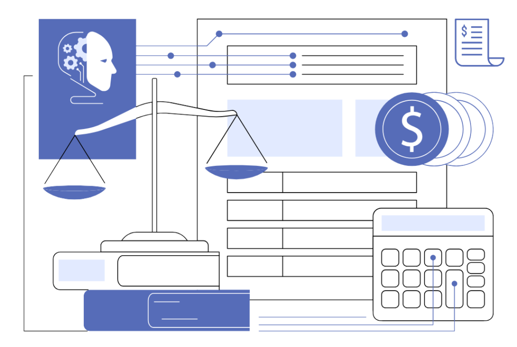AI-powered legal tech by SpineLegal, featuring scales of justice, calculator, and financial symbols for efficiency.