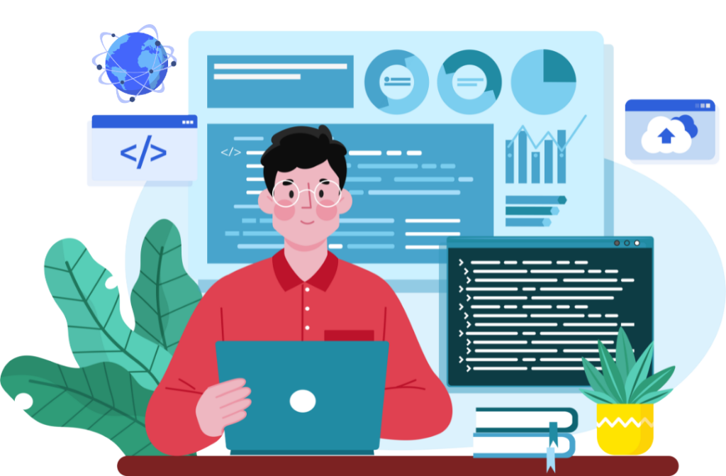 IP Legal Software - Developer working on SpineLegal with code and analytics on screen