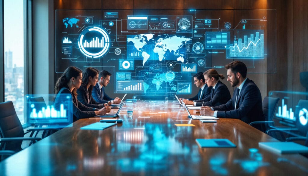 Business team uses SpineLegal Software for data analysis in a high-tech meeting room.