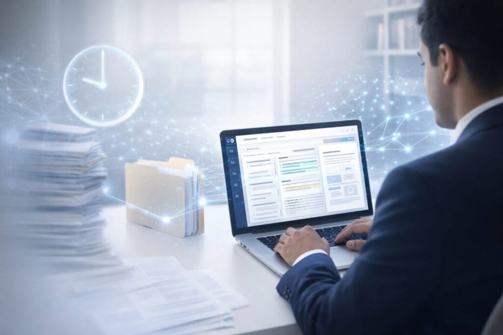 Lawyer using AI-powered legal research software on laptop in a modern office, showing digital workflow automation replacing traditional paper files.