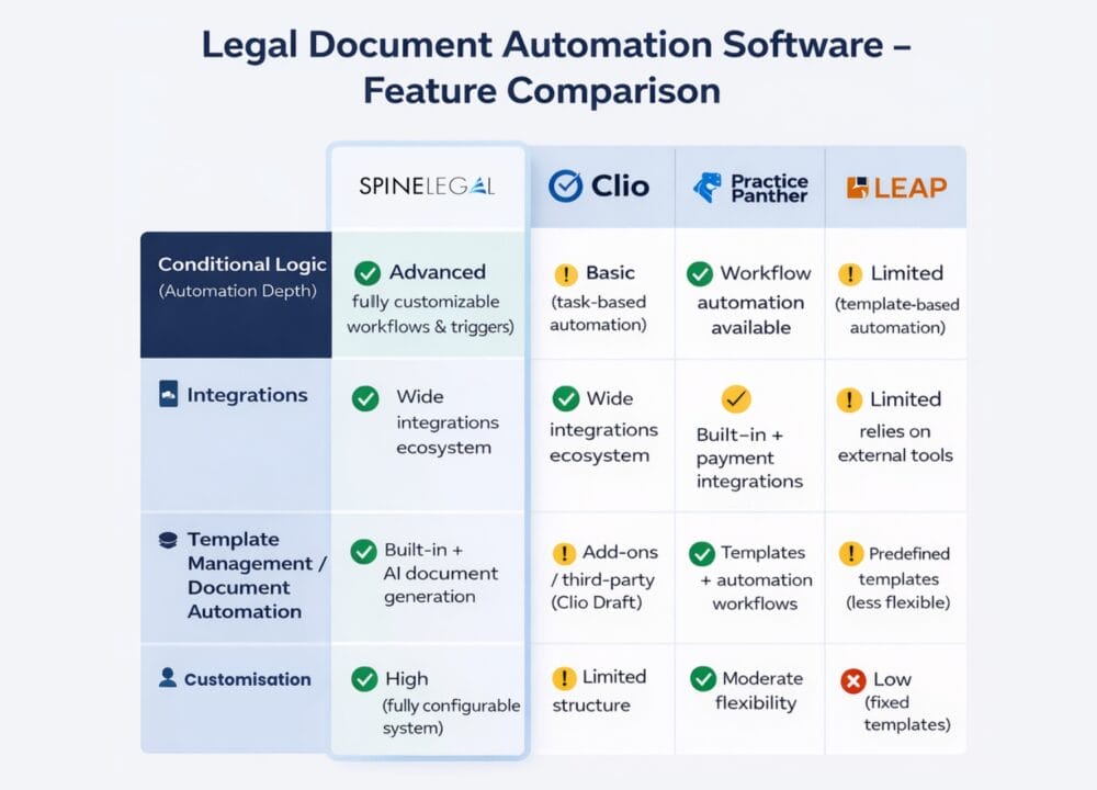 Comparison chart of legal document automation software features, highlighting SpineLegal's advanced capabilities.