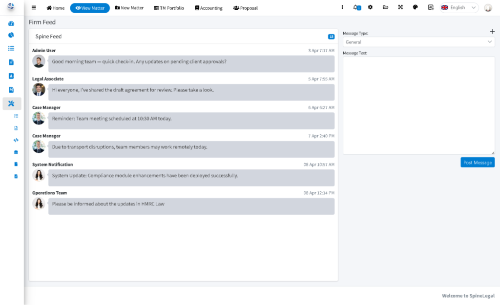 SpineLegal Software interface displaying team communication and system notifications for efficient legal management.