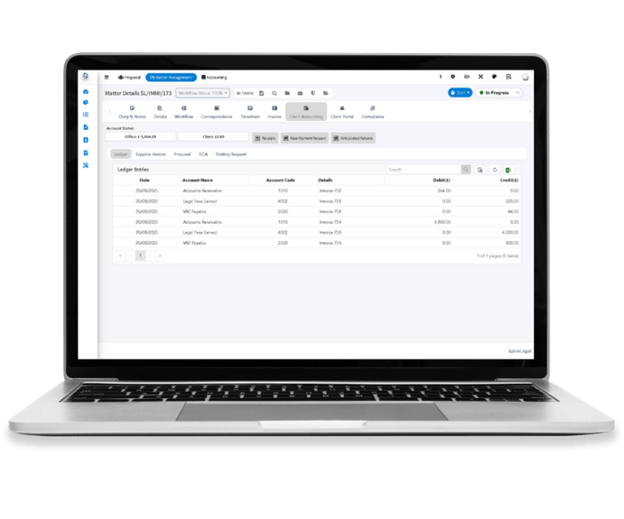 Law Firm Accounting Software on laptop screen, displaying accounting ledger interface for efficient legal practice management.