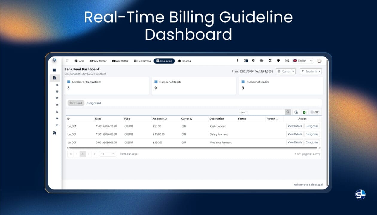 Real-time billing dashboard of SpineLegal Software for efficient financial management and transaction tracking.