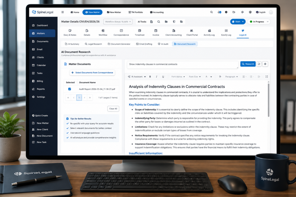 SpineLegal Software interface displaying AI document research on indemnity clauses in commercial contracts.