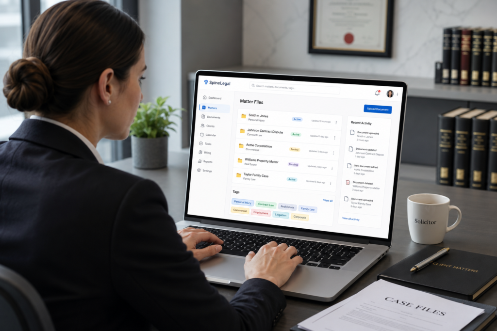 legal document management software screen reviewing by solicitor