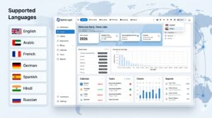 SpineLegal multilingual legal software interface showing supported languages including Arabic, English, French, German, Spanish, Hindi and Russian