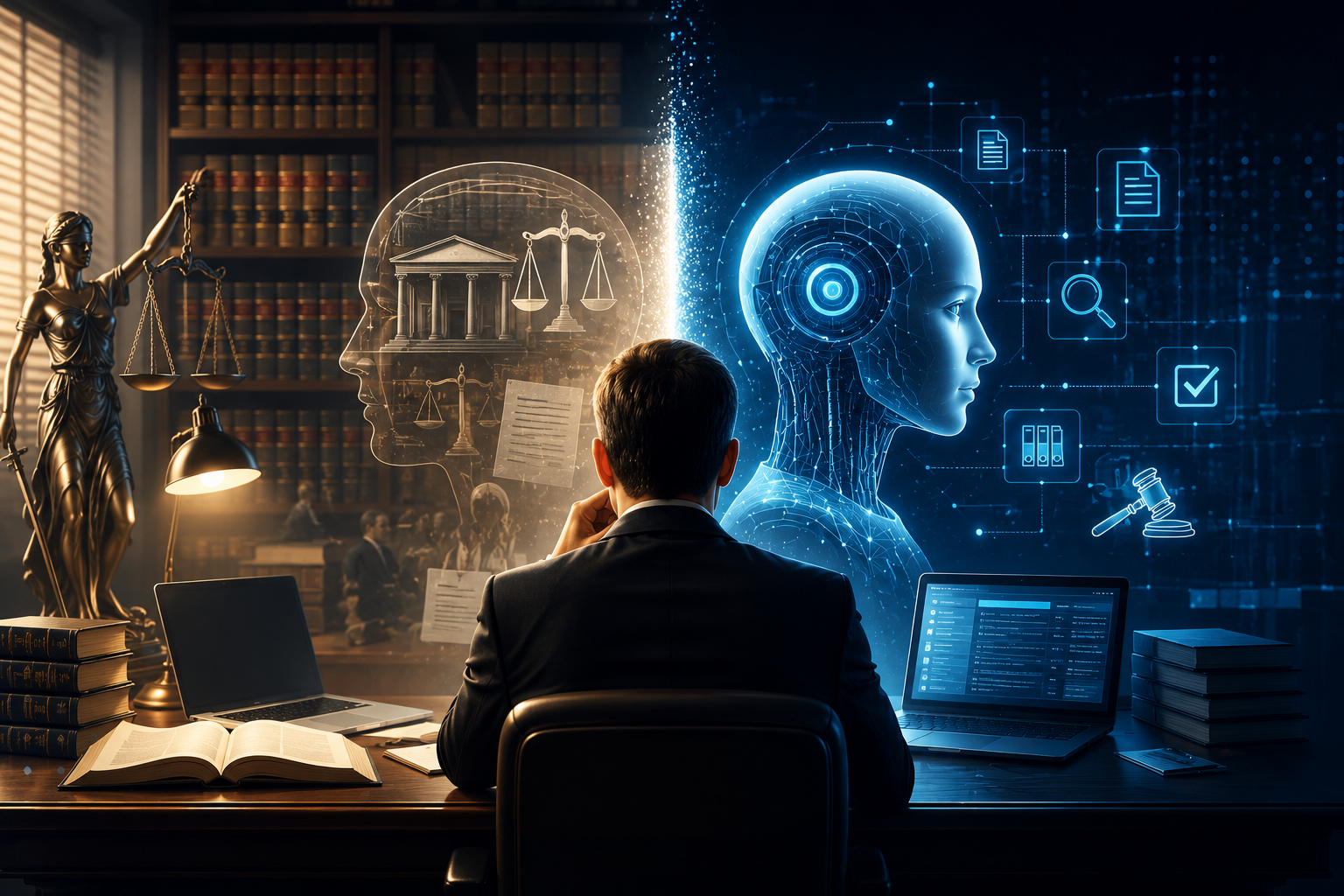 Lawyer evaluating AI-powered legal technology in a modern office, comparing traditional legal expertise with artificial intelligence capabilities.