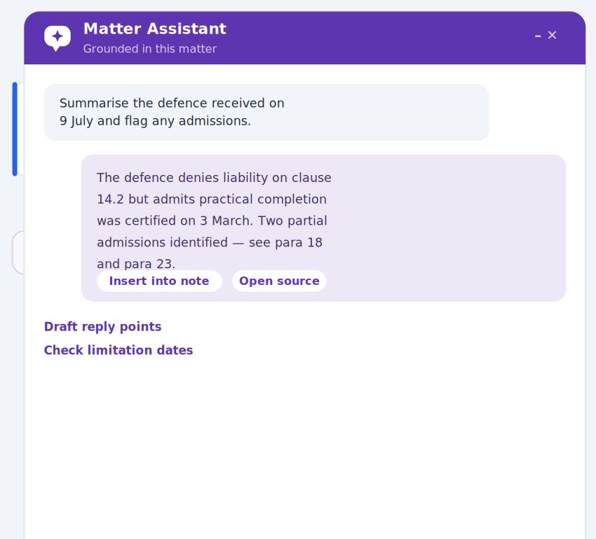 The SpineLegal Matter Assistant panel — a grounded AI chat answering questions about the matter, with Ask Spine input