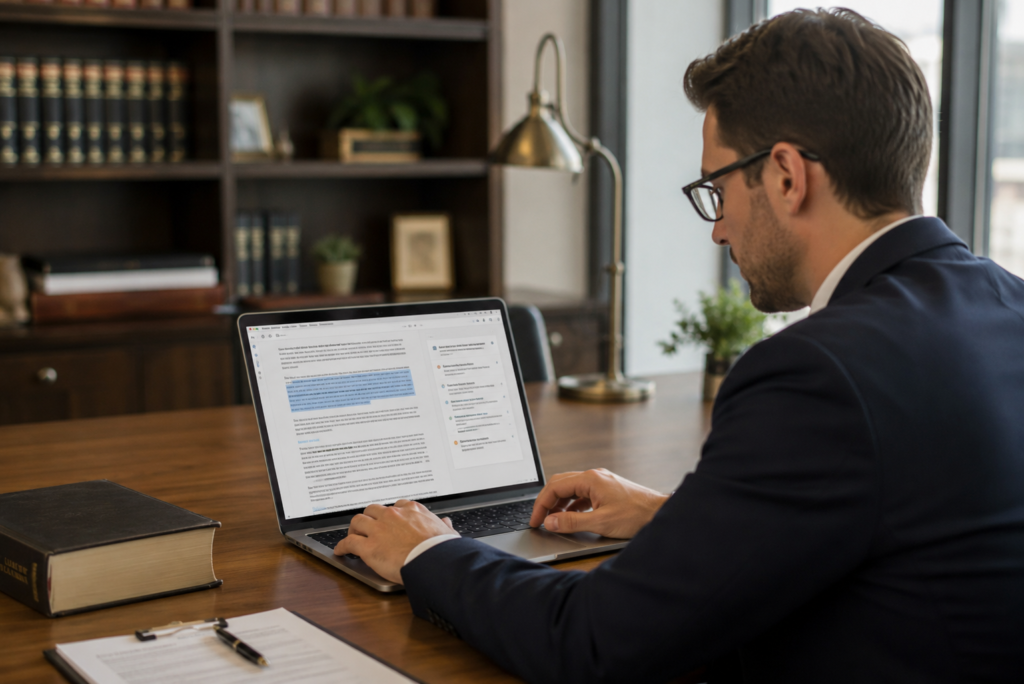 Solicitor reviewing SpineLegal Software legal document on a laptop with AI-assisted text suggestions, illustrating how Legal AI supports law firm workflows