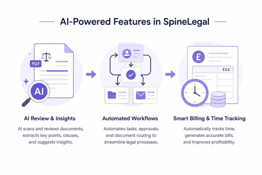 Diagram of AI features in legal office software: document review, workflow automation, billing